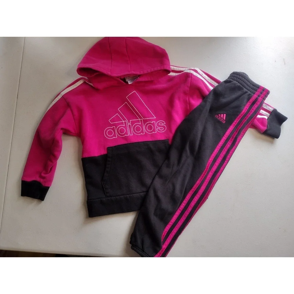 Adidas Kids Pink Black Fleece Hoodie and Jogger Tracksuit Set Size 5